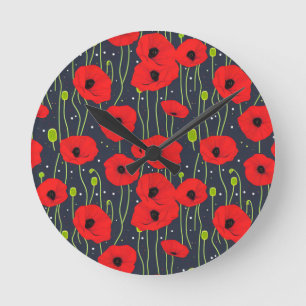 Lebendige moderne rote Mohnblumen-Musterkunst Runde Wanduhr