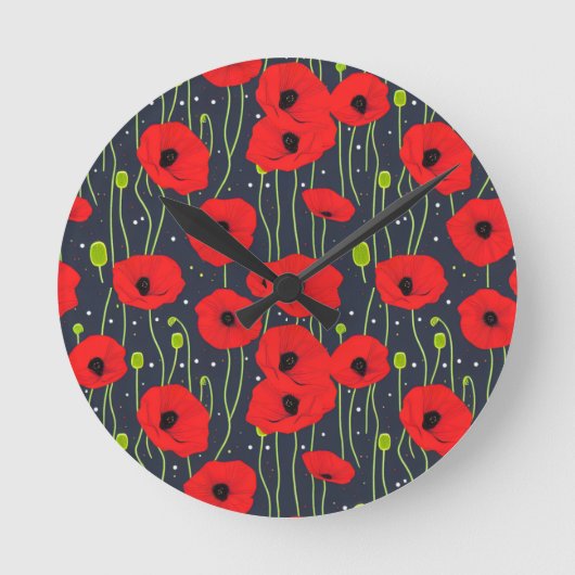 Lebendige moderne rote Mohnblumen-Musterkunst Runde Wanduhr (Vorderseite)