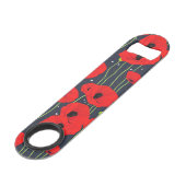 Lebendige moderne rote Mohnblumen-Musterkunst Speed Flaschenöffner (Rückseite Schrägansicht)
