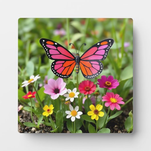 Lebendige Monarchfalter-Gartenszene Fotoplatte (Vorderseite)