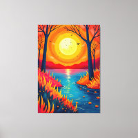 Lebendige Orange Sunset Lake Landschaftskunst