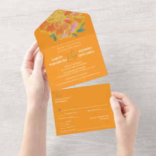 Lebendige Orange Tagetes Sommerhochzeit All In One Einladung