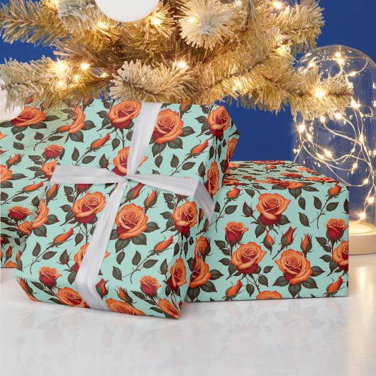 Lebendige orange und rote Rosen Geschenkpapier (Feiertage)