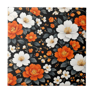 Lebendige orange und weiße Blumen auf Schwarz Fliese