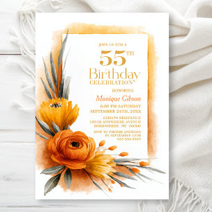 Lebendige Orangefarbene Blumenparty zum 55. Geburt Einladung