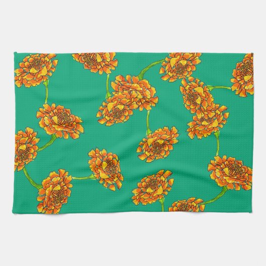 Lebendige orangefarbene Ringelblumen auf strahlend Geschirrtuch (Horizontal)