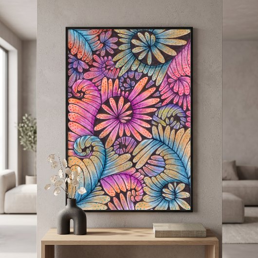 Lebendige psychedelische Boho-Abstracte Floralschw Poster