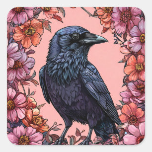 🖤 Lebendige Raben Blumen Dunkler Vogel 🖤 Quadratischer Aufkleber