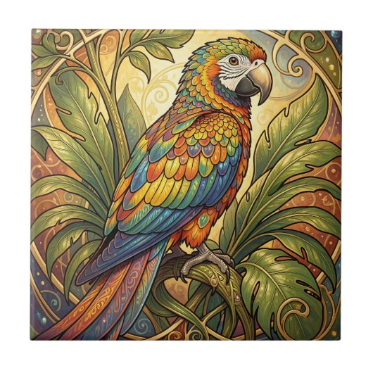 Lebendige Regenbogen-Papageien-Kunst im Jugendstil Fliese (Vorderseite)