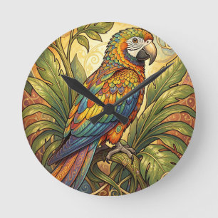 Lebendige Regenbogen-Papageien-Kunst im Jugendstil Runde Wanduhr