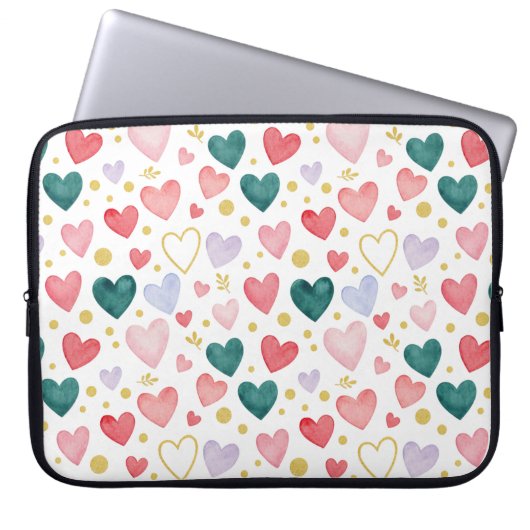 Lebendige Regenbogen-Wasserfarben-Herzen Laptopschutzhülle (Vorderseite)