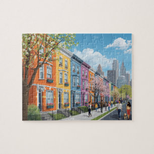 Lebendige Reihenhäuser Stadtstraße Frühlingsspazie Puzzle
