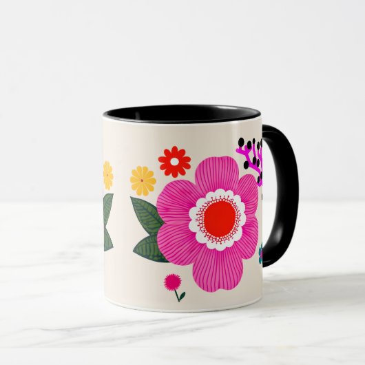 Lebendige Retro-Blume - Fett rosa und gelb bläserf Tasse (VorderseiteRechts)