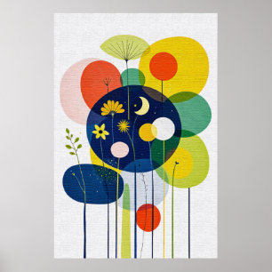 Lebendige Retro-Blumen Boho-Chic Dunkle Abstraktio Poster