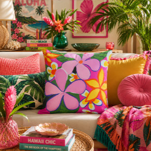 Lebendige Retro-Plumeria-Pop-Art-Rosa-Gelb Kissen