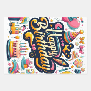 Lebendige Retro-Style-Geburtstagsfeier Geschenkpapier Set