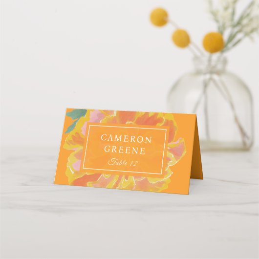 Lebendige Ringelblumen-Orange-Hochzeit Platzkarte (Vorderseite)