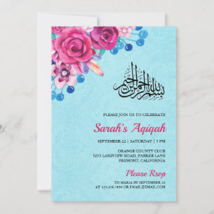 Lebendige rosa Blumen-Aqiqah für Baby Mädchen Einladung