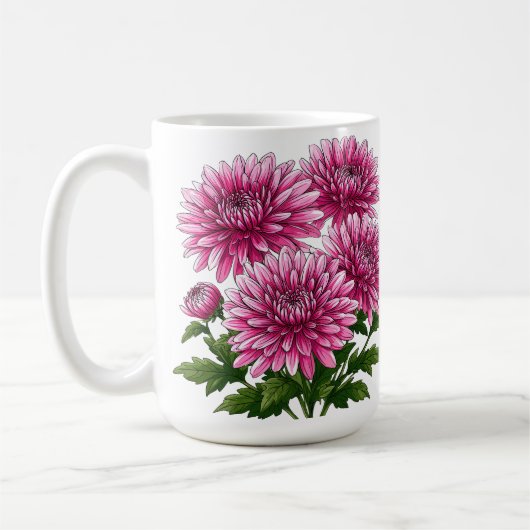Lebendige rosa Chrysanthemen blühen Kaffeetasse (Links)
