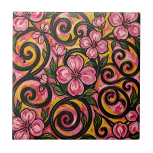 Lebendige rosa florale Wirbelkunst Fliese