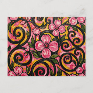 Lebendige rosa florale Wirbelkunst Postkarte