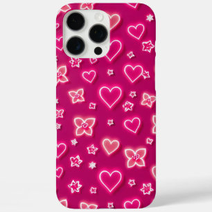 Lebendige rosa Neon-Herzen und Blumen im Retro-Sti iPhone 16 Pro Max Hülle