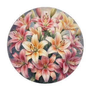 Lebendige rosa orange weiße Lilien Aquarell Blumen Schneidebrett