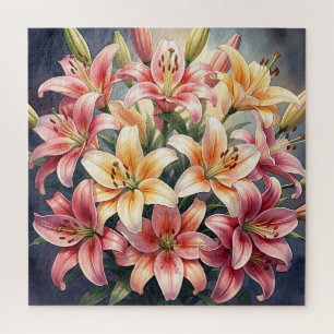 Lebendige rosa orange weiße Lilien Wasserfarbe flo Puzzle