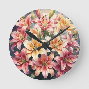 Lebendige rosa orange weiße Lilien Wasserfarbe Flo Runde Wanduhr