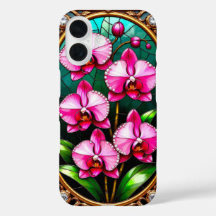 Lebendige rosa Orchideen im ornamentalen Goldrahme iPhone 16 Hülle
