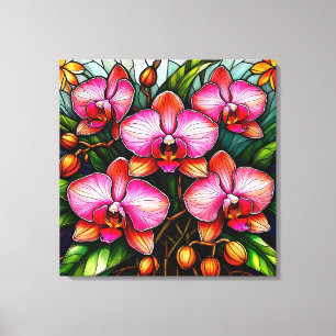 Lebendige rosa Orchideen in Glasmalerei-Kunstwerke Leinwanddruck