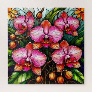 Lebendige rosa Orchideen in Glasmalerei-Kunstwerke Puzzle