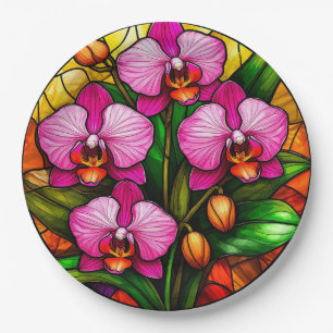Lebendige rosa Orchideen und grüne Blätter Pappteller