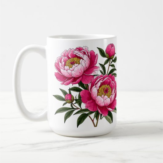 Lebendige rosa Pfingstrosen-Blumenkunst Kaffeetasse (Links)