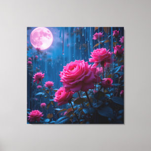 Lebendige rosa Rosen in einem mondbeschienenen reg Leinwanddruck