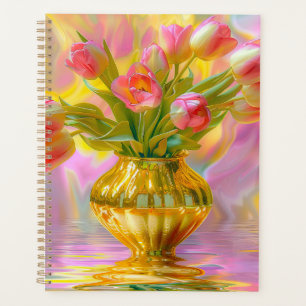 Lebendige rosa Tulpen in goldener Vase Planer