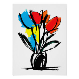 Lebendige rot-orange Tulpen Fette schwarze Linien Poster