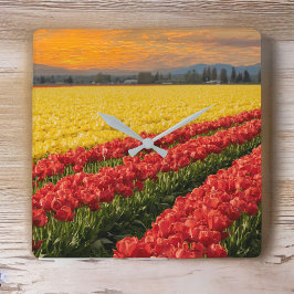 Lebendige Rot- und Goldtulpen im Skagit-Landkreis Quadratische Wanduhr