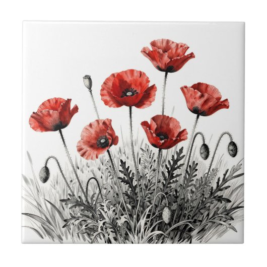 Lebendige Rote Mohnblumenwiese Fliese (Vorderseite)