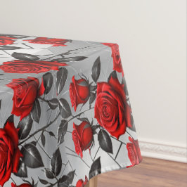 Lebendige rote Rosen auf metallischem Silberhinter Tischdecke