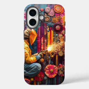 Lebendige Schweißkunst - Schweißer in florale Indu iPhone 16 Hülle