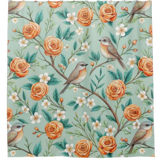 Lebendige Singvögel Orangefarbene Blumen Grüne Blä Duschvorhang (Vorderseite)