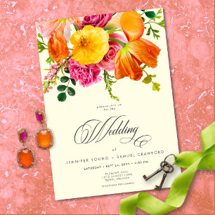 Lebendige Sommerblumen-Hochzeit in Gelb, Orange un Einladung