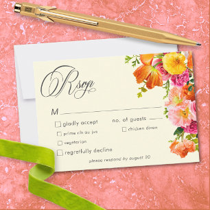 Lebendige Sommerblumen-Hochzeit in Gelb, Orange un RSVP Karte
