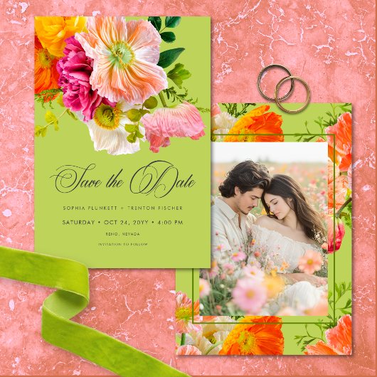 Lebendige Sommerblumen-Hochzeit in Limette Orange Save The Date