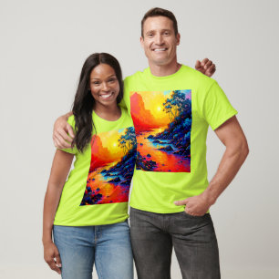 Lebendige Sonnenuntergangs-Flusslandschaftskunst T-Shirt