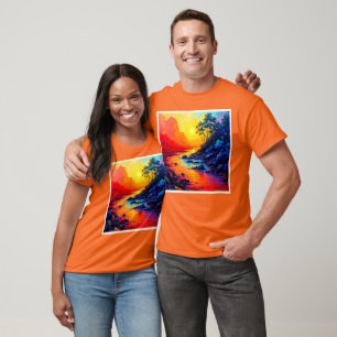 Lebendige Sonnenuntergangs-Flusslandschaftskunst T-Shirt