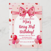 Lebendige Strawberry Coquette Bow Berry First Birt Einladung (Vorne/Hinten)