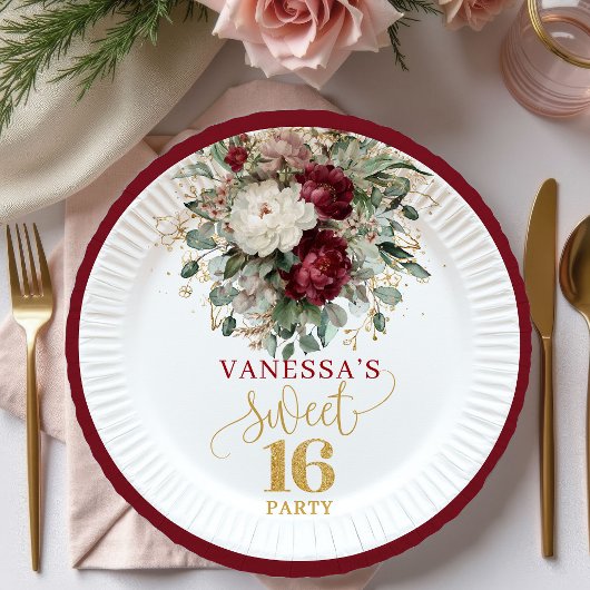 Lebendige Sweet 16 Blush Burgunder Florale Teller
