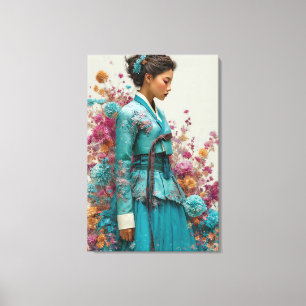 Lebendige Teal-Hanbok und Wildblumen-Leinwandkunst Leinwanddruck
